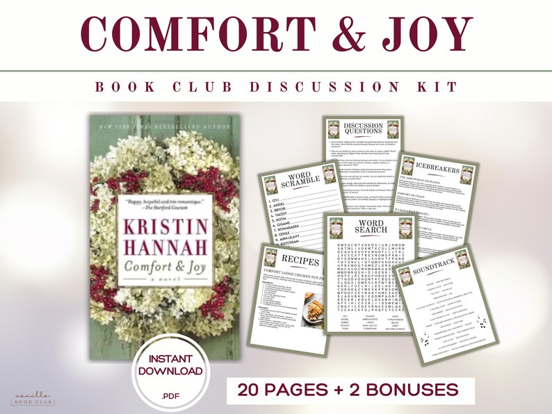 以下が含まれることがあります： クリスティン・ハンナ著「Comfort & Joy」のブッククラブディスカッションキット。キットには、本の表紙、ディスカッションの質問、ワードゲーム、レシピ、サウンドトラックリストが含まれています。20ページと2つのボーナスが付いた、インスタントPDFダウンロードです。
