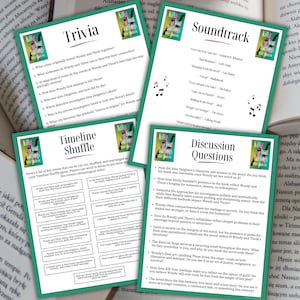 May include: Four green-bordered cards with text and images are displayed on a table next to an open book. The cards are titled "Trivia", "Timeline Shuffle", "Soundtrack", and "Discussion Questions". The cards are related to a book.