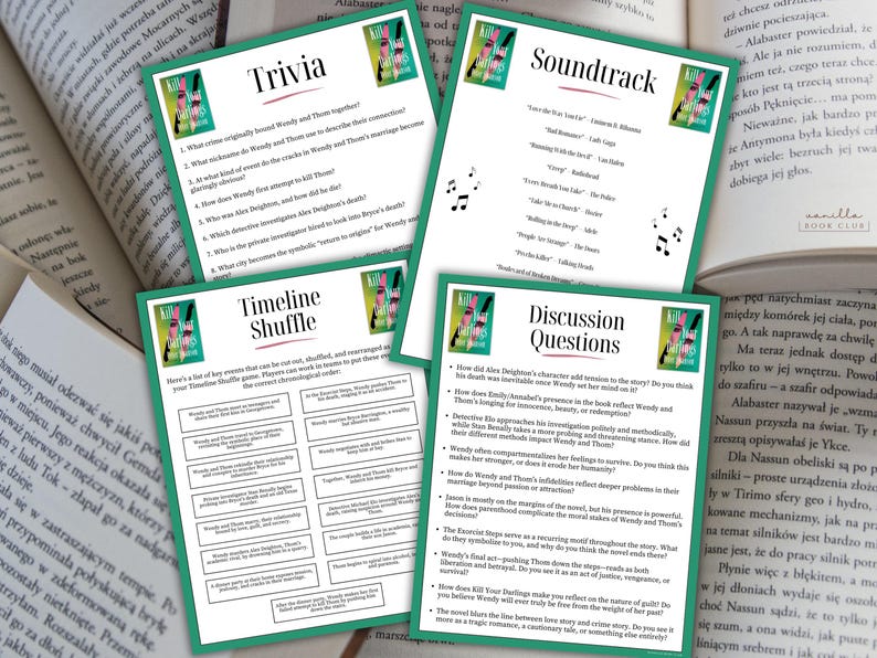 May include: Four green-bordered cards with text and images are displayed on a table next to an open book. The cards are titled "Trivia", "Timeline Shuffle", "Soundtrack", and "Discussion Questions". The cards are related to a book.