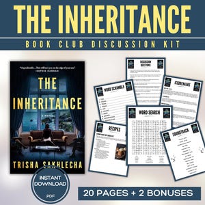 May include: A book club discussion kit titled "The Inheritance" with a book cover image and discussion materials. The cover features a person in a room with the title in gold lettering. Includes word games, recipes, and discussion questions.
