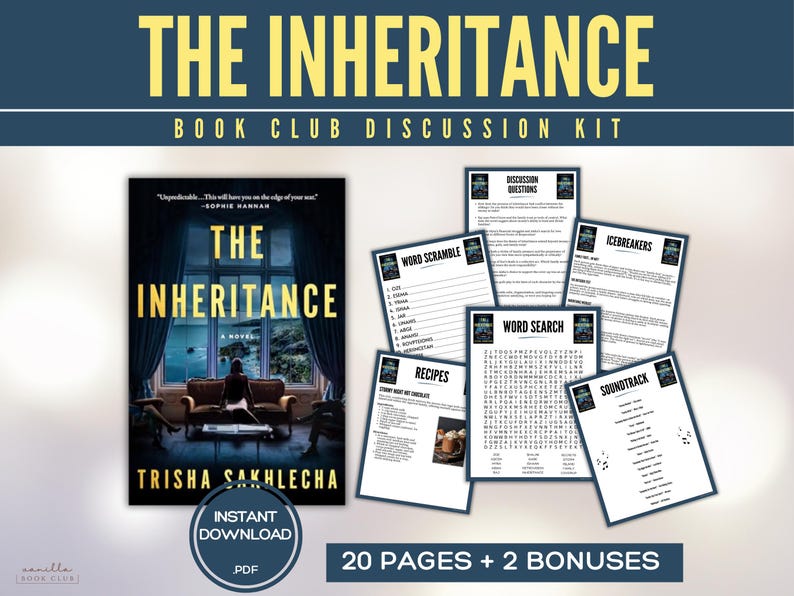 May include: A book club discussion kit titled "The Inheritance" with a book cover image and discussion materials. The cover features a person in a room with the title in gold lettering. Includes word games, recipes, and discussion questions.