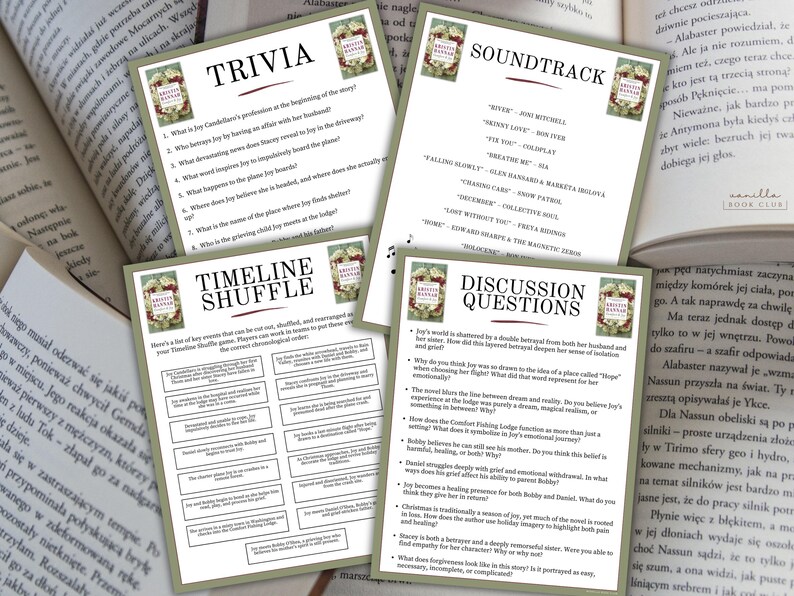 以下が含まれることがあります： 本にテキストが書かれた4枚の印刷されたカード。カードには、Trivia、Timeline Shuffle、Soundtrack、Discussion Questionsと書かれています。各カードには花の模様と本のタイトルが付いています。