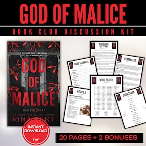 Puede incluir: Kit de discusi&oacute;n para club de lectura de "God of Malice" de Rina Kent. Incluye portada del libro, preguntas de debate, juegos de palabras, recetas y lista de banda sonora. El t&iacute;tulo en rojo sobre fondo oscuro.