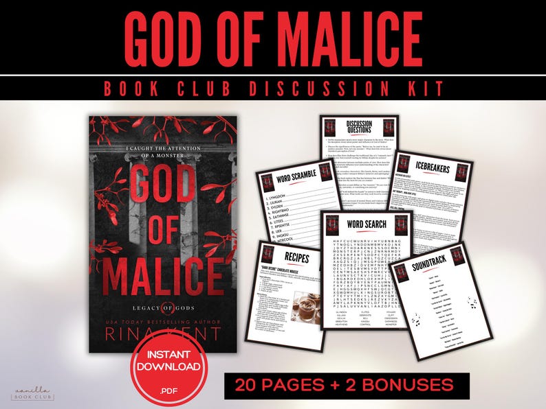 Puede incluir: Kit de discusi&oacute;n para club de lectura de "God of Malice" de Rina Kent. Incluye portada del libro, preguntas de debate, juegos de palabras, recetas y lista de banda sonora. El t&iacute;tulo en rojo sobre fondo oscuro.