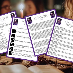 May include: A set of printable game cards with a purple background and black text. The cards feature a variety of prompts for a book club discussion, including "Favorite Moment", "Favorite Character", "Main Takeaway from the Story", "Part that Surprised or Shocked You", "How did the Setting Influence the Story?", and "If you could change one thing, what would it be and why?"