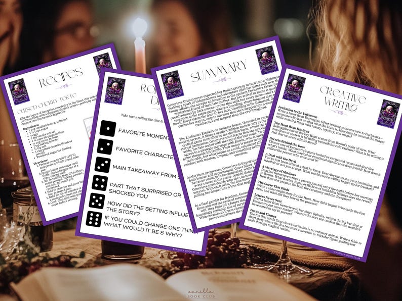May include: A set of printable game cards with a purple background and black text. The cards feature a variety of prompts for a book club discussion, including "Favorite Moment", "Favorite Character", "Main Takeaway from the Story", "Part that Surprised or Shocked You", "How did the Setting Influence the Story?", and "If you could change one thing, what would it be and why?"