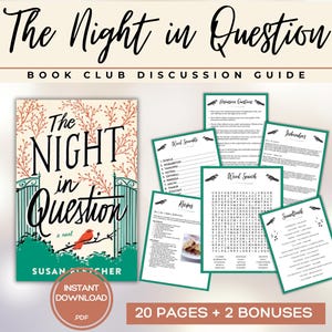 May include: A book club discussion guide for "The Night in Question" with a book cover showing a gate and a red bird. Includes discussion questions, word searches, recipes, and other activities. Available as an instant PDF download.