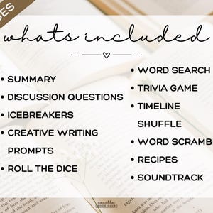 May include: Image of a book club resource with the text "whats included" and a list of activities such as "Summary", "Word Search", and "Trivia Game". The background is an open book.