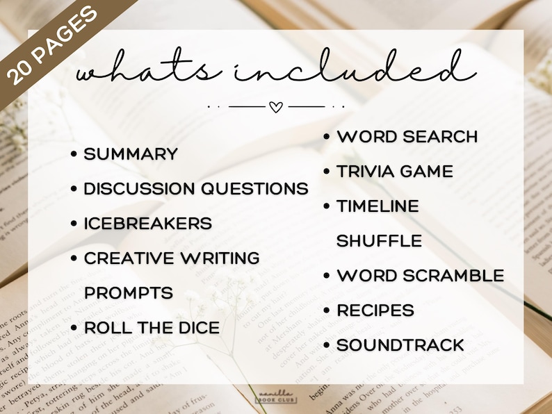 May include: Image of a book club resource with the text "whats included" and a list of activities such as "Summary", "Word Search", and "Trivia Game". The background is an open book.