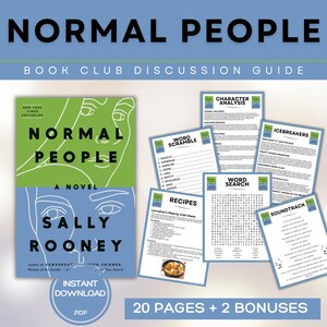 Puede incluir: Una guía de discusión de club de lectura para la novela "Gente Normal" de Sally Rooney. La guía incluye 20 páginas de actividades, incluyendo búsquedas de palabras, sopas de letras, recetas, rompehielos y una banda sonora. La guía está disponible para descarga instantánea como PDF.