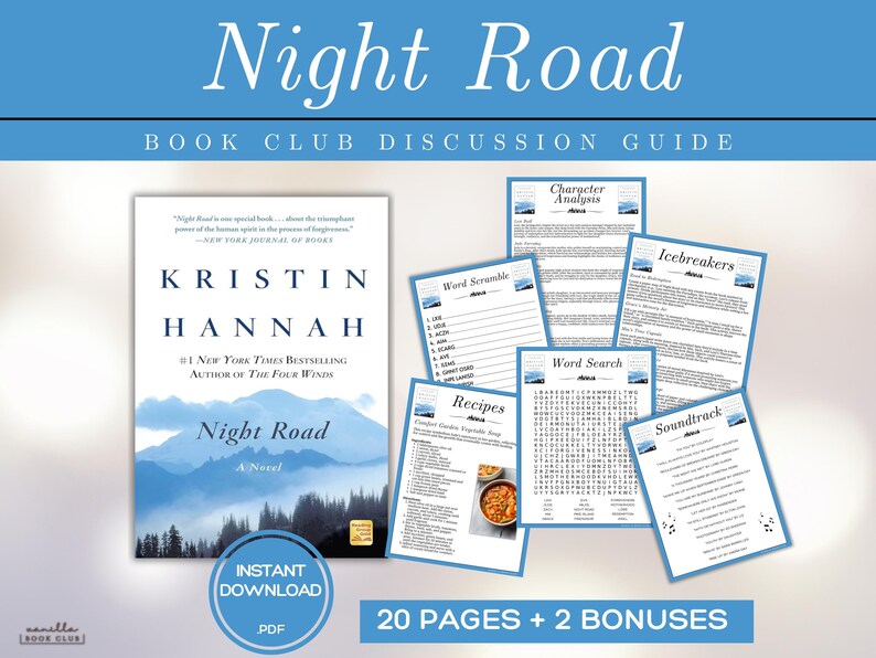 Night Road Book Club Guide Book Club Games Book Discussion Questions Kristin Hannah Book Club Kit Reading Activities Literary Fiction