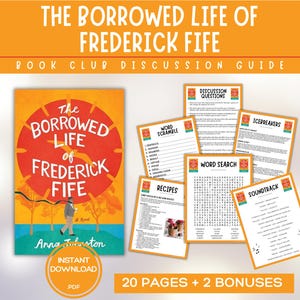 Op de afbeelding: Een boekclubdiscussiegids voor "The Borrowed Life of Frederick Fife" van Anna Johnston. De gids bevat discussievragen, ijsbrekers, woordpuzzels, woordzoekers, recepten en een soundtrack.