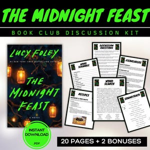 Może przedstawiać: Zestaw dyskusyjny klubu książki do "The Midnight Feast" autorstwa Lucy Foley. Obraz przedstawia okładkę książki, pytania do dyskusji, gry słowne, przepisy i listę ścieżek dźwiękowych. Zestaw zawiera 20 stron plus 2 bonusy, dostępny jako natychmiastowe pobranie PDF.