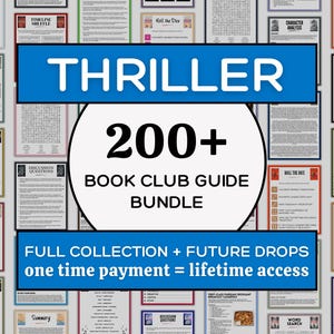 Puede incluir: Una colección digital de hojas de actividades imprimibles para clubes de lectura con el texto THRILLER 200+ BOOK CLUB GUIDE BUNDLE, FULL COLLECTION + FUTURE DROPS y one time payment = lifetime access, rodeada de varias páginas de juegos como trivia.