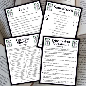 May include: Four black and white cards with text and a logo, alongside open books. The cards cover trivia, a soundtrack, a timeline shuffle, and discussion questions, possibly for a book club or study guide.