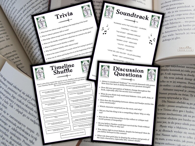 May include: Four black and white cards with text and a logo, alongside open books. The cards cover trivia, a soundtrack, a timeline shuffle, and discussion questions, possibly for a book club or study guide.