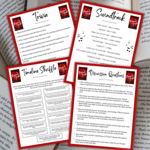 May include: Four red-bordered cards with text are displayed on a book. The cards are titled "Trivia", "Timeline Shuffle", "Soundtrack", and "Discussion Questions". Each card has a book cover image in the upper left corner.