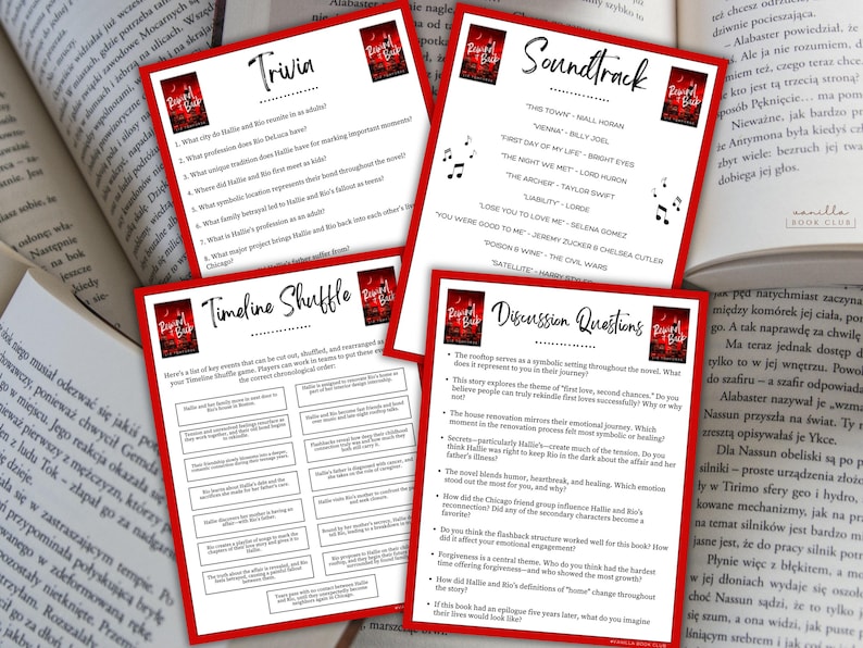 May include: Four red-bordered cards with text are displayed on a book. The cards are titled "Trivia", "Timeline Shuffle", "Soundtrack", and "Discussion Questions". Each card has a book cover image in the upper left corner.