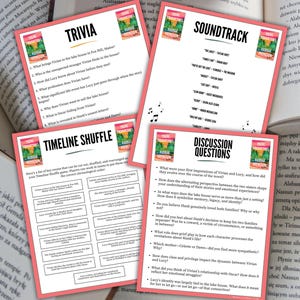 Puede incluir: Cuatro tarjetas rosas con texto relacionado con un libro, que incluyen preguntas de trivia, una lista de bandas sonoras, una l&iacute;nea de tiempo y preguntas de discusi&oacute;n. Las tarjetas est&aacute;n sobre un fondo de libros abiertos.