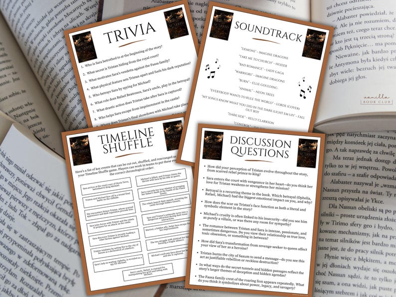 K&ouml;nnte beinhalten: Vier Karten mit braunen R&auml;ndern werden auf einem Buch angezeigt. Die Karten tragen die Titel: Trivia, Timeline Shuffle, Soundtrack und Discussion Questions. Jede Karte zeigt ein Buchcover-Bild.