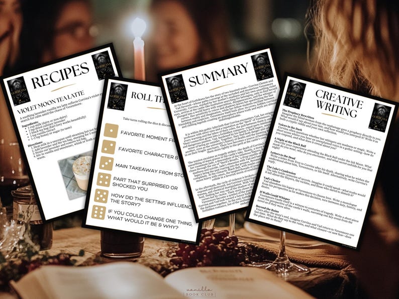 Puede incluir: Cuatro hojas impresas con texto y gr&aacute;ficos est&aacute;n dispuestas sobre una mesa. Las hojas incluyen recetas, un resumen, indicaciones de escritura creativa y preguntas de discusi&oacute;n. Una vela encendida y copas de vino est&aacute;n en el fondo.