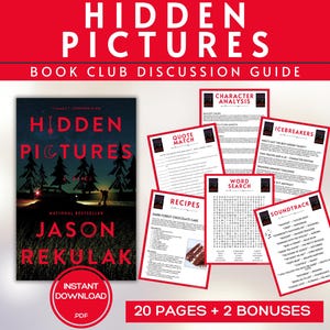 May include: A book club discussion guide for the novel "Hidden Pictures" by Jason Rekulak. The guide includes 20 pages of activities, including character analysis, quote match, word search, recipes, icebreakers, and a soundtrack.