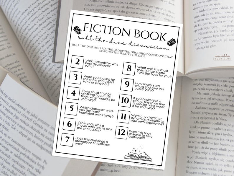 Book Club Games Roll the Dice Fiction Book Discussion Questions Game Book Club Ice Breaker Games Ladies Night Game Girls Night Game Activity