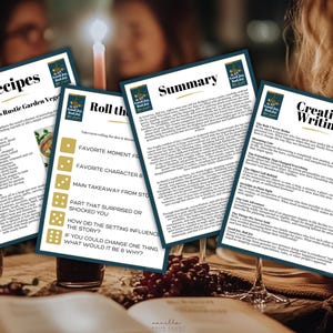 K&ouml;nnte beinhalten: Vier bedruckte Bl&auml;tter mit Text auf einem Tisch, darunter Rezepte, Zusammenfassungen und kreative Schreibaufforderungen. Die Bl&auml;tter haben einen dunkelblauen Rand und tragen die Titel "Rezepte", "Zusammenfassung", "Kreatives Schreiben" und "Rolle". Eine brennende Kerze ist im Hintergrund.