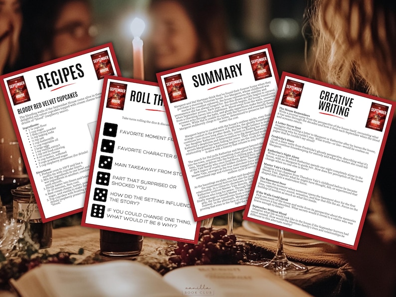 May include: Four red-bordered cards with text, including "Recipes," "Summary," "Roll the Dice," and "Creative Writing." The cards are on a table with wine glasses and a book. The "Recipes" card lists ingredients for Bloody Red Velvet Cupcakes.