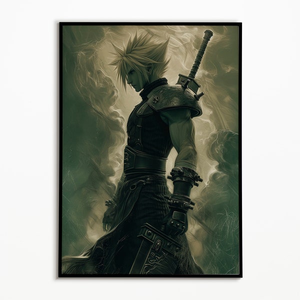 Cloud Strife Final Fantasy 7 Digital Art, Digital Download, Gaming Wall Decor, Game Room Aesthetics, Video Game Print, Gaming Setup