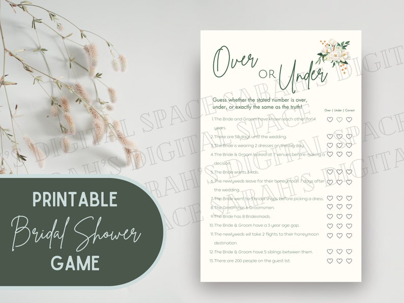 Bridal Over Under Game Printable Bridal Shower Game Yellow Floral ...