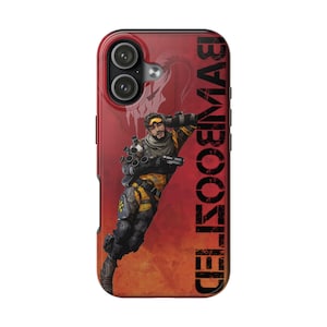 May include: A phone case with a red and black design, showcasing a video game character in action. The character is holding a gun, with the word "BAMBOOZLED" printed vertically. The case has a glossy finish.