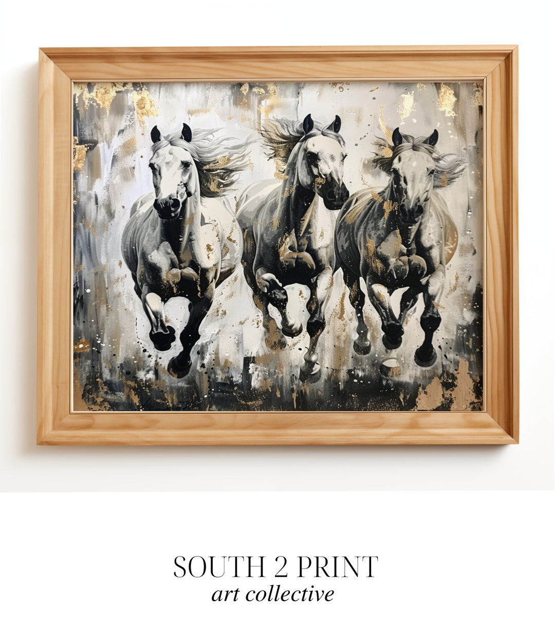 PRINTABLE White Running Horses Landscape Oil Painting Vintage Horse