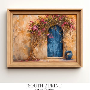PRINTABLE Rustic Mediterranean Blue Door | Pink Floral Doorway Print | Wall Art | Digital Download Art Print | South 2 Print Art