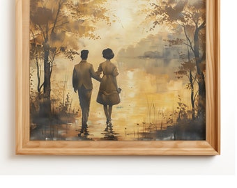 Antique Couple Oil Painting Print | Romantic Lakeside Scene (Digital Download)