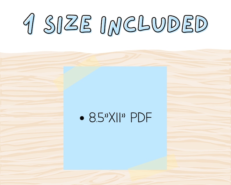 May include: A blue sticky note with a white border on a woodgrain background. The note says "8.5"x11" PDF".