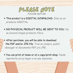 May include: A digital download notice with a cartoon hand holding a sign. The sign says "PLEASE NOTE" and explains that the product is a digital download and will not be physically shipped. It also states that the product can be printed at home or at a copy shop.