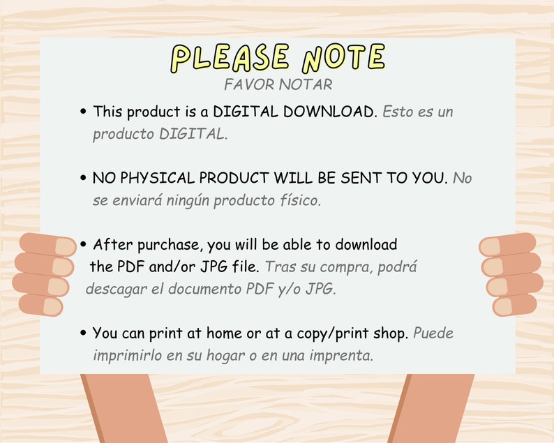 May include: A digital download notice with a cartoon hand holding a sign. The sign says "PLEASE NOTE" and explains that the product is a digital download and will not be physically shipped. It also states that the product can be printed at home or at a copy shop.