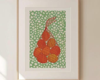 Orange Fruit Print Modern Farmhouse Wall Art, Kitchen Digital Download, Minimalist Printable, Rustic Dining Room Poster