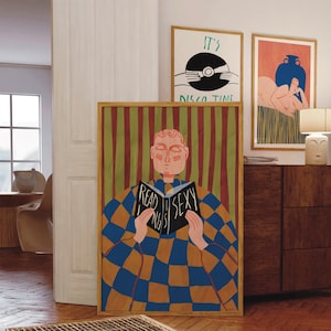 Arte de pared con retrato ecléctico, impresión para amantes de los libros, impresión maximalista para sala de biblioteca, impresiones hechas a mano, descarga digital, arte retro de moda, decoración