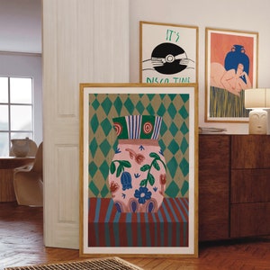 Impresión de jarrón a cuadros moderno, pintura de jarrón ecléctico, arte de pared moderno hecho a mano, descarga digital, impresiones de moda, decoración de sala de estar bohemia