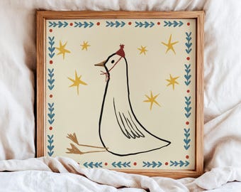Silly Goose Wall Print, Boy Nursery Art Decor, Farm Animal Illustration, Cottagecore Kids Room