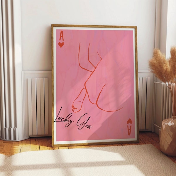 Herz-Ass-Poster, Lucky You-Ästhetischer Druck, Preppy Raumdekor, Mädchen, das Kunst ermächtigt, rosa Boho-Wanddekor, flippiger Maximalist-Kunstdruck