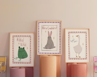 Set of 3 Animal Art Prints, Quirky Nursery Wall Art, Vintage Style Kids Room Decor, Whimsical Animal Illustration