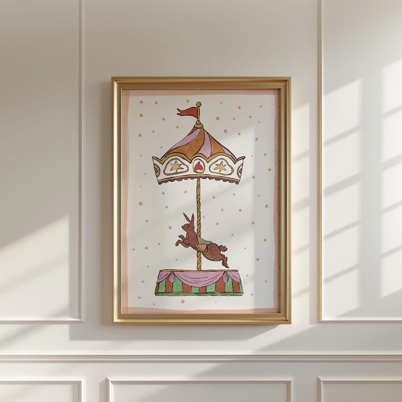 Vintage Carousel Nursery Art, Cottage Core Wall Art, White Rabbit Print ...