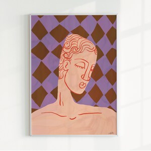 以下が含まれることがあります： 目を閉じた人の顔のデジタルイラスト。人物は薄いピンクの肌の色と赤い髪をしています。背景は紫と茶色のダイヤモンド模様です。