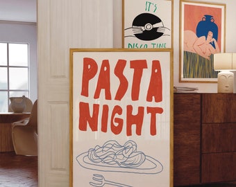 パスタナイトポスター、スパゲッティウォールアート、手描きパスタ装飾、ダイニングルームプリント、トレンディなキッチンアート、パスタ愛好家アート、印刷可能なウォールアート、