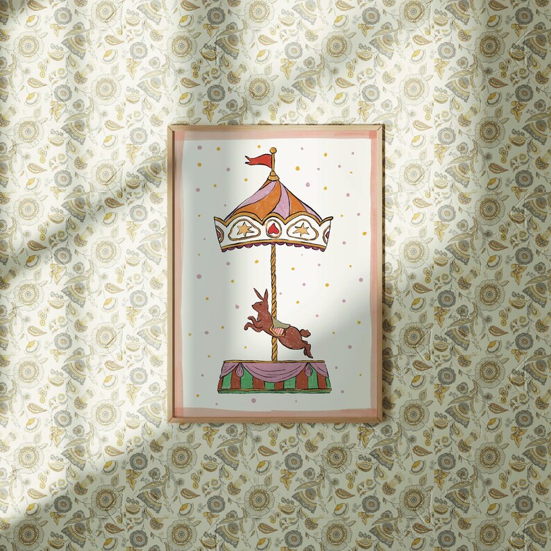 Vintage Carousel Nursery Art, Cottage Core Wall Art, White Rabbit Print ...