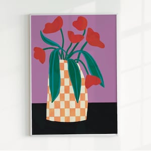 Arte de pared floral maximalista con estampado de jarrón de tablero de ajedrez, arte moderno hecho a mano, arte de pared para sala de estar, impresión digital descargable, decoración de moda