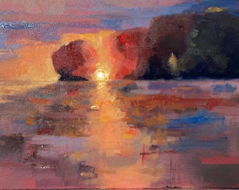 16" x 12" Blutender Sonnenuntergang ~ Ölgemälde